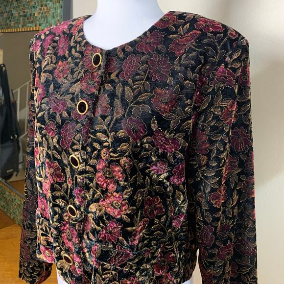 Vintage Size L Velvet Floral Print Crop Jacket Puff Sleeve Gold Etched - Picture 4 of 11